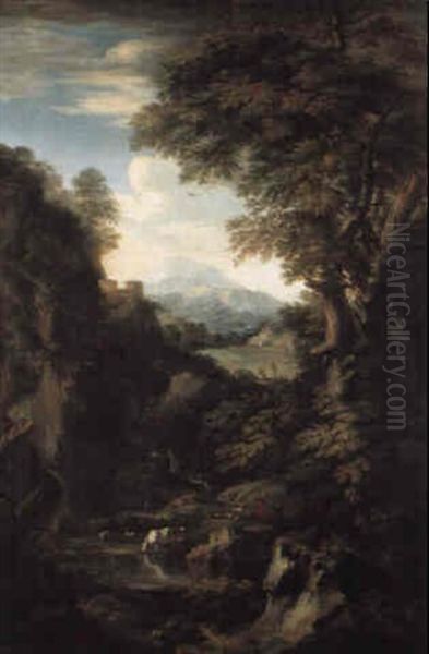 A Rocky River Landscape With A Shepherd And His Flock, A Castle Beyond Oil Painting by Pietro (il Creatura) Bianchi