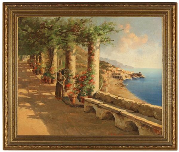 Veduta Di Amalfi, Napoli, Women Standing On A Walk Overlooking The Amalfi Coast Oil Painting by Victorio Bianchini