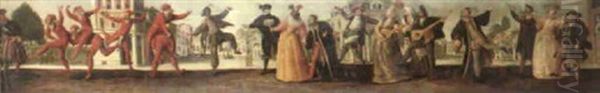 A Comedia Dell'arte Troupe Before A Renaissance Town Oil Painting by Baccio (Bartolommeo) del Bianco