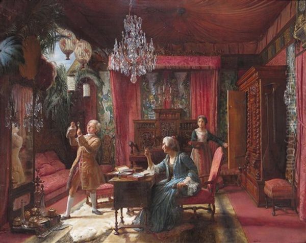 The Entomologist, Count Rosander Instructed By His Aunt Sybil Marian, Admires The Diamond Beetle Oil Painting by Francois Auguste Biard