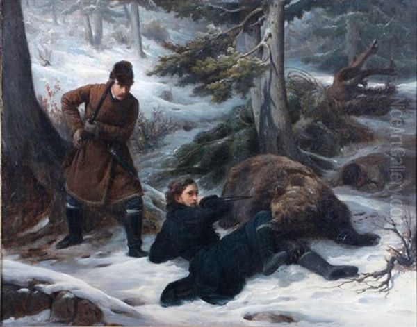 The Bear Hunters Oil Painting by Francois Auguste Biard