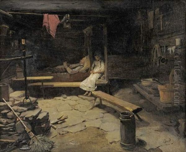 Petite Fille Veillant Un Malade Dans Un Interieur De Chalet Oil Painting by Francois Auguste Biard