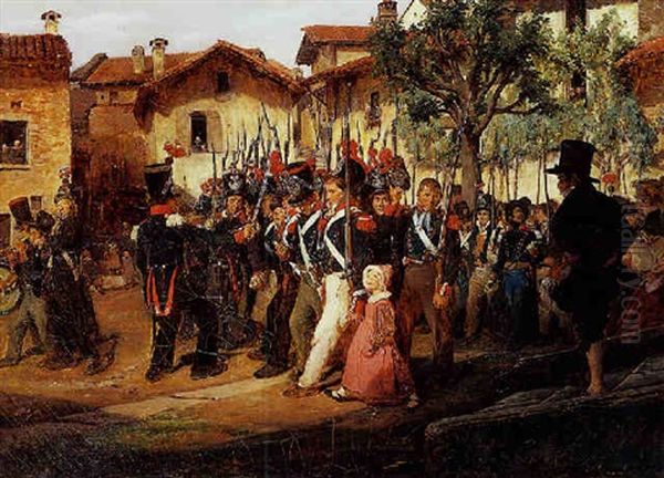 La Garde Nationale De Campagne Defilant Devant Le Maire Oil Painting by Francois Auguste Biard