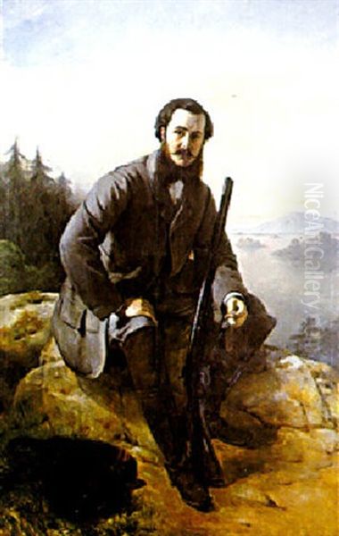 Portrait D'homme En Chasseur Dans Un Paysage De Rochers Pres D'un Lac Oil Painting by Francois Auguste Biard