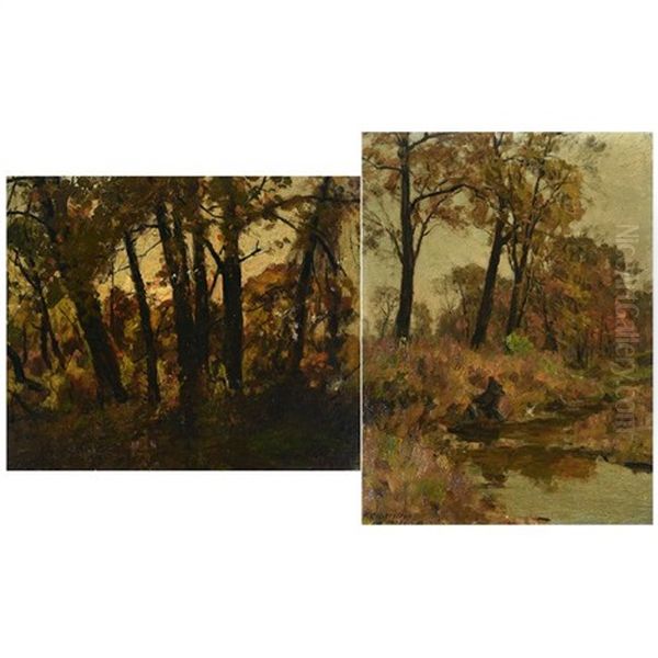 Wooded River Landscape And Evening Oil Painting by Franz Biberstein