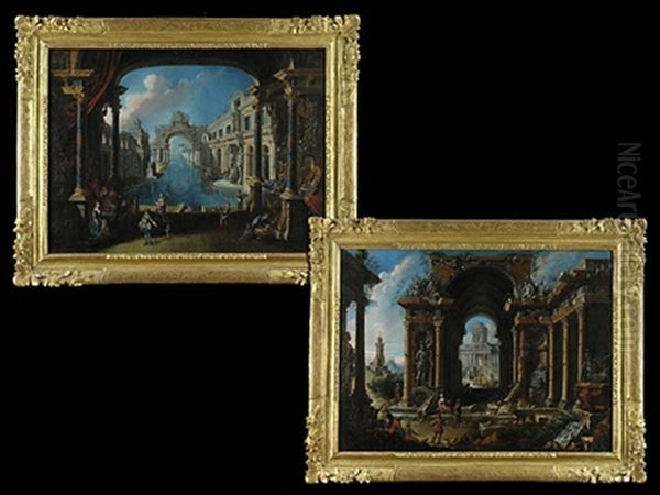 Phantasie-architekturlandschaften Architekturcapriccios (pair) Oil Painting by Ferdinando Galli Bibiena