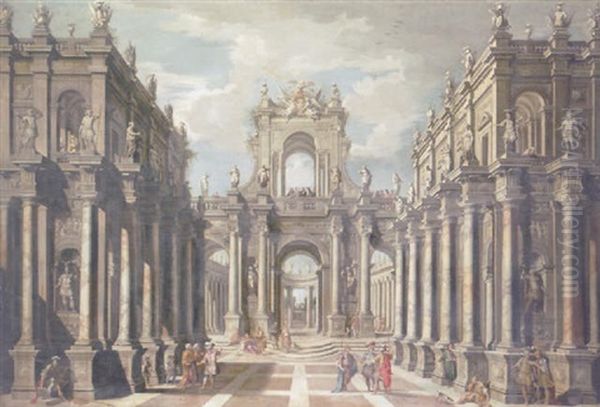 An Architectural Fantasy With Classical Figures Conversing And Contemporary Spectators Above Oil Painting by Ferdinando Galli Bibiena