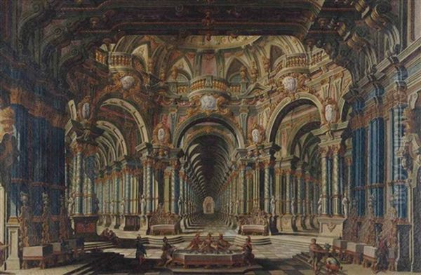 Capriccio Of A Palace Interior With Figures Banqueting, The Cornices Showing Scenes From Mythology Oil Painting by Francesco Galli Bibiena