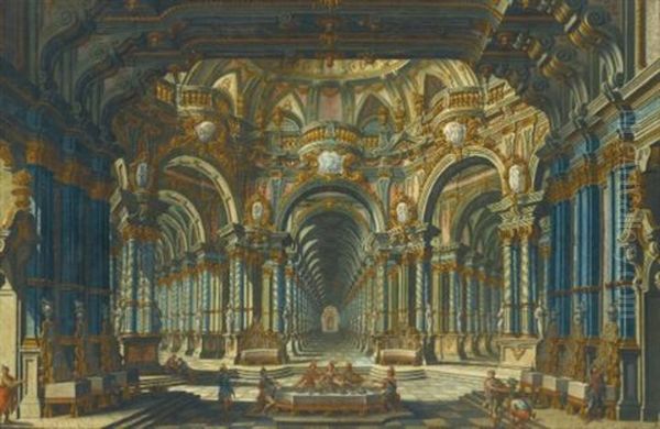 A Capriccio Of An Elaborately Decorated Palace Interior With Figures Banqueting, The Cornices Showing Scenes From Mythology Oil Painting by Francesco Galli Bibiena