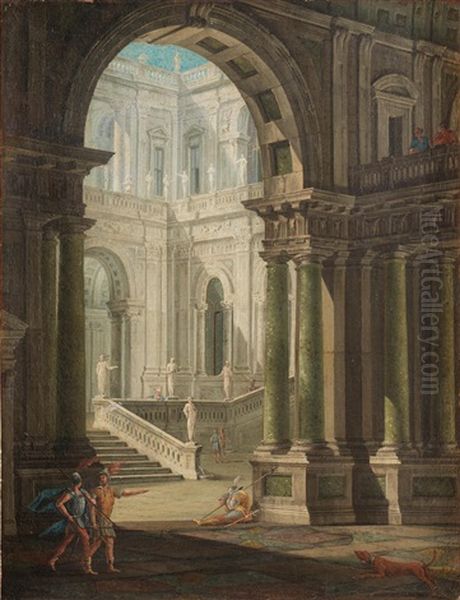 A Palace Interior With Soldiers In The Foreground Oil Painting by Giuseppe Galli Bibiena