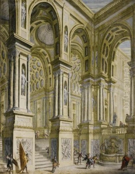 The Portico And Staircase Of A Palace With Soldiers And A Woman Being Carried Off On Horseback; An Imaginary View Of A Palace With A Horseman And Angels (pair) Oil Painting by Giuseppe Galli Bibiena