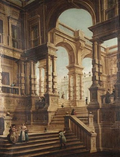 A Capriccio Of A Baroque Palace With Numerous Figures On The Steps And Terraces Oil Painting by Giuseppe Galli Bibiena