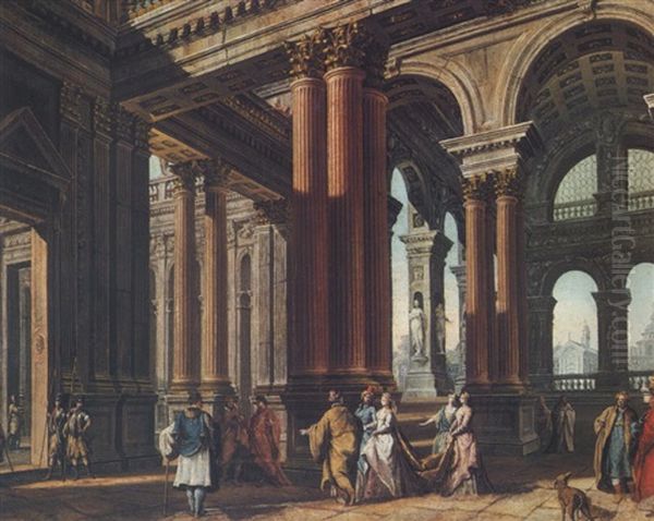 Figures In An Architectural Capriccio (esther On Her Way To King Ahasuerus Of Persia?) Oil Painting by Giuseppe Galli Bibiena