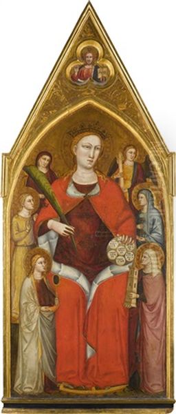 Saint Catherine Of Alexandria With Six Virtues; Above, Christ The Redeemer, Blessing Oil Painting by Lorenzo di Bicci