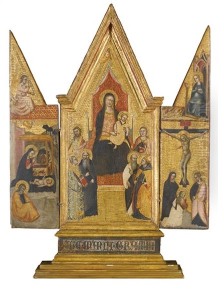 A Portable Triptych Showing The Madonna And Child Enthroned With Saints, With The Annunciation, Nativity, And Crucifixion Depicted On The Wings Oil Painting by Lorenzo di Bicci