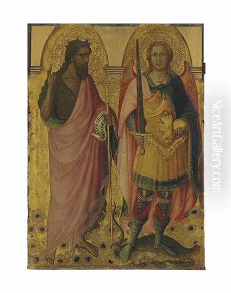 Saint John The Baptist And Saint Michael - Left Panel Of The Main Tier Of A Polyptych Oil Painting by Lorenzo di Bicci