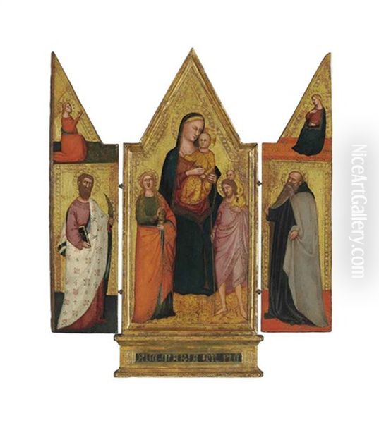 The Madonna And Child With Saints Mary Magdalene And Christopher (central Panel); The Angel Of The Annunciation And Saint Bartholomew (left Wing); The Virgin Annunciate And Saint Anthony Abbot (right Wing); A Female Figure (outside Right Wing)(triptych) Oil Painting by Lorenzo di Bicci