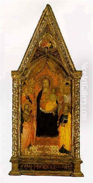 The Madonna And Child Entrhoned With Ss. John The Baptist, Bartholomew, Catherine...god The Father In The Trefoil Above Oil Painting by Lorenzo di Bicci