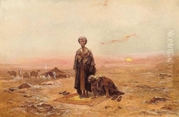 Bedouins Praying In The Desert Oil Painting by Thaddaus von Ajdukiewicz