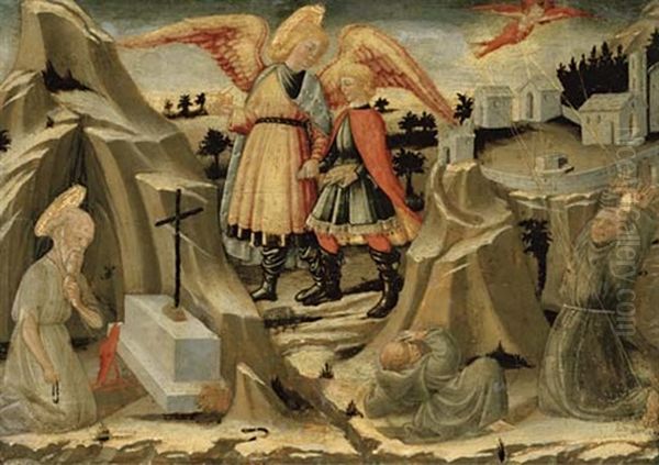 Tobias And The Angel, The Penitence Of Saint Jerome And The Stigmatization Of Saint Francis Oil Painting by Neri di Bicci