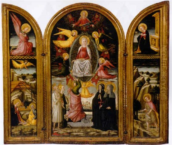 The Assumption Of The Virgin With Saint Thomas Receiving The Girdle - The Nativity With The Annunciation - Saint John The Baptist In The Wilderness Oil Painting by Neri di Bicci