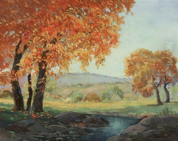 Stream In Autumn Landscape Oil Painting by George Sanders Bickerstaff