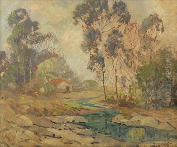 Eucalyptus Landscape With House Near River Oil Painting by George Sanders Bickerstaff