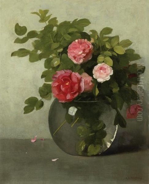 Pink Roses In A Glass Vase Oil Painting by Albion Harris Bicknell