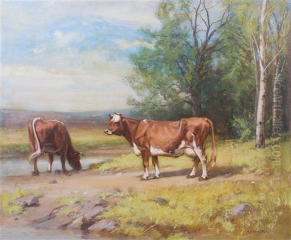 Cows In A Landscape Oil Painting by Albion Harris Bicknell