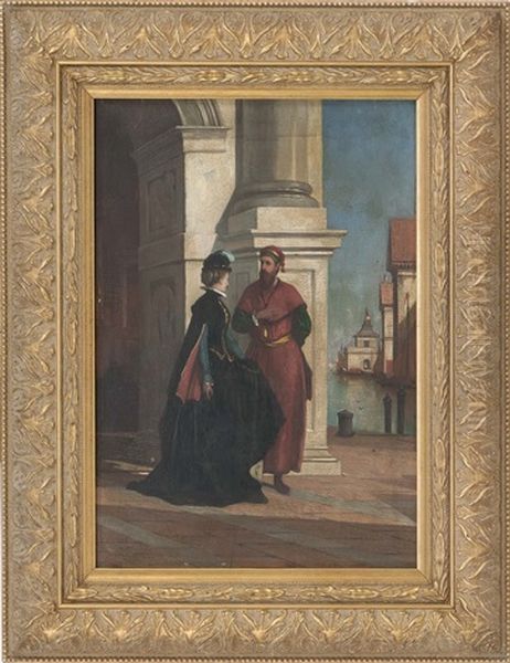 Continental Scene Of A Man And Woman In Conversation Near A Harbor Oil Painting by Albion Harris Bicknell