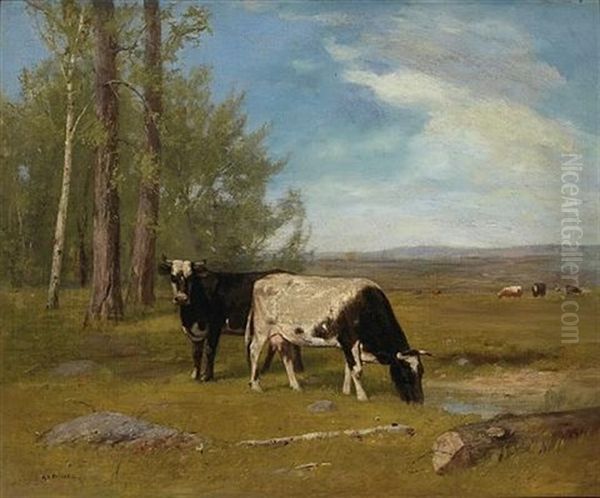 Cows Grazing In A Meadow Oil Painting by Albion Harris Bicknell