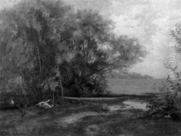 In The Shallows / Scene With Geese And Punt Oil Painting by Albion Harris Bicknell