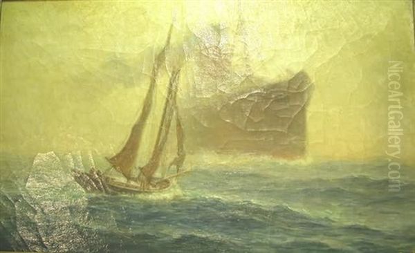 Marine Painting Of A Small Sailboat With The Prow Of A Large Ocean Liner Approaching In The Background Oil Painting by Evelyn M. Bicknell