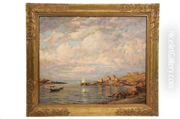 Sailboats And Houses On The Shore, Monhegan Oil Painting by Frank Alfred Bicknell