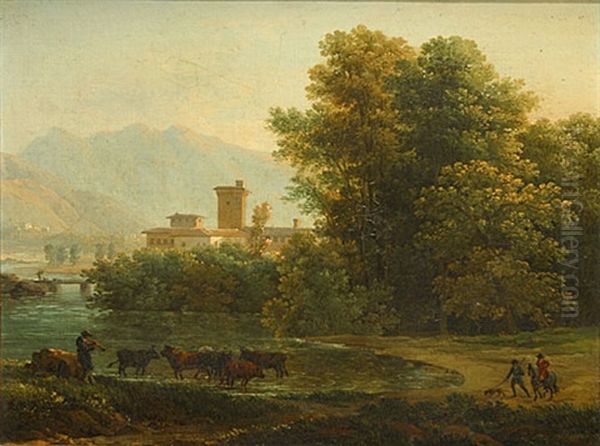 Landschap Met Rivier Met Op De Voorgrond Een Kudde Dieren Oil Painting by Jean Pierre Xavier Bidauld