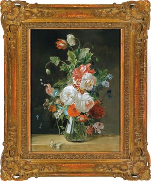 Rosen, Tulpen Und Paonien In Einer Glasvase Mit Einem Schmetterling Auf Einer Steinbrustung Oil Painting by Jean Pierre Xavier Bidauld