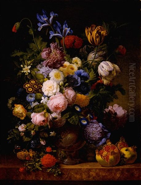 Still Life With Tulips, Carnations, Roses, Irises, Narcissi And Various Other Flowers In A Silver Vase Together With Figs, Grapes And Pomegranates On A Marble Ledge Oil Painting by Jean Pierre Xavier Bidauld