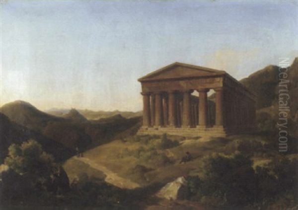 A Mountainous Landscape With Figures Near A Greek Temple Oil Painting by Jean Pierre Xavier Bidauld