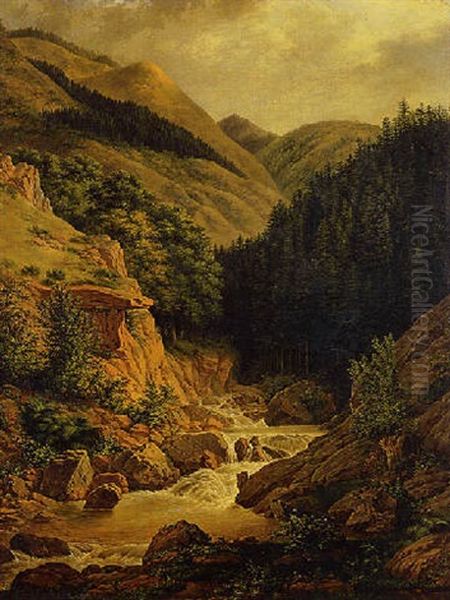 Landscape With A Waterfall Oil Painting by Jean Pierre Xavier Bidauld