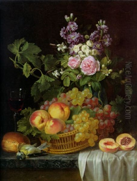 Roses, Stocks, Jasmine And Other Flowers In A Vase, With Peaches And Grapes In A Basket And A Gass Of Wine On A Ledge Oil Painting by Jean Pierre Xavier Bidauld