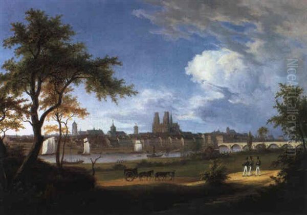 Blick Ueber Die Loire Auf Die Stadt Orleans Mit Der         Kathedrale Sainte Croix Oil Painting by Jean Pierre Xavier Bidauld