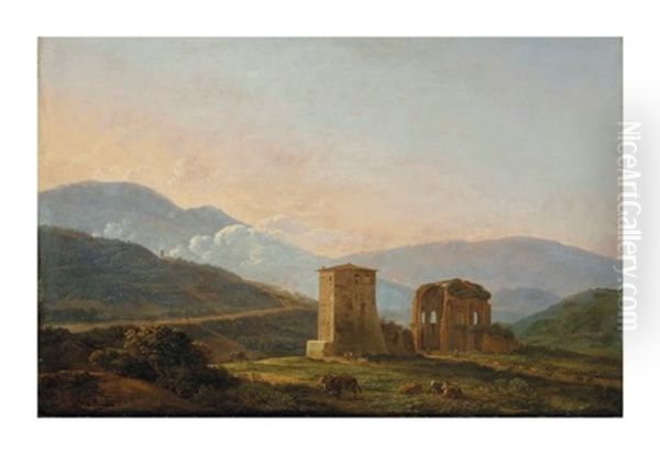 Vue D'italie Avec Des Ruines Et Un Troupeau Oil Painting by Jean Joseph Xavier Bidault