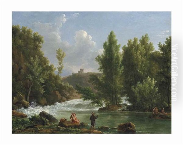 A Wooded River Landscape With A Fisherman And Bathers Oil Painting by Jean Joseph Xavier Bidault