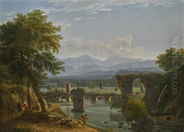 The Augustus Bridge Over The River Nera, Near The City Of Narni, Italy Oil Painting by Jean Joseph Xavier Bidault