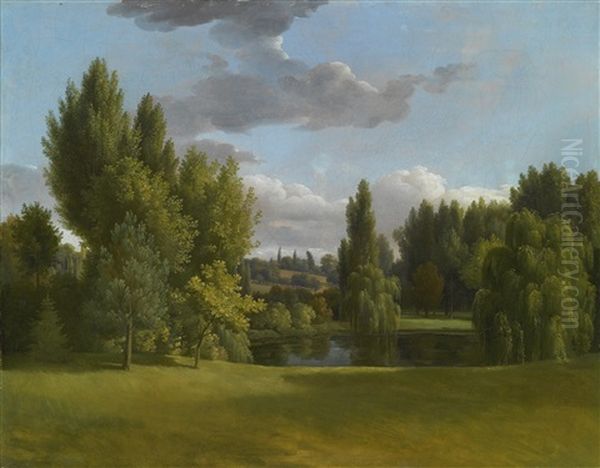 Landscape With Trees Surrounding A Small Pond And Clouds Above Oil Painting by Jean Joseph Xavier Bidault