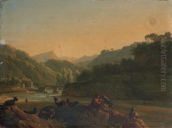 Berger Et Son Troupeau Dans Un Paysage Italien Oil Painting by Jean Joseph Xavier Bidault