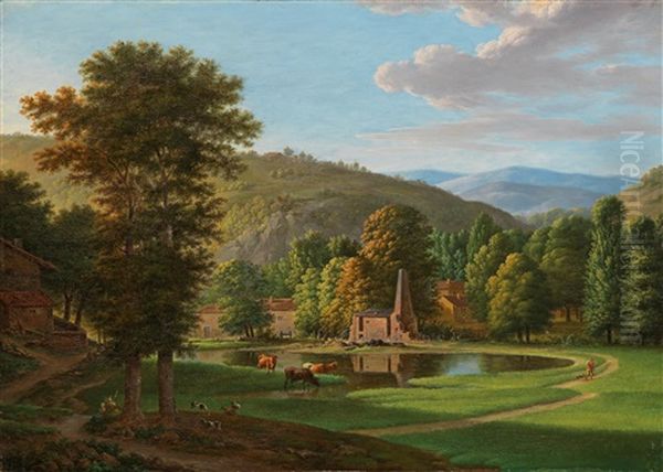 A Southern River Landscape Oil Painting by Jean Joseph Xavier Bidault