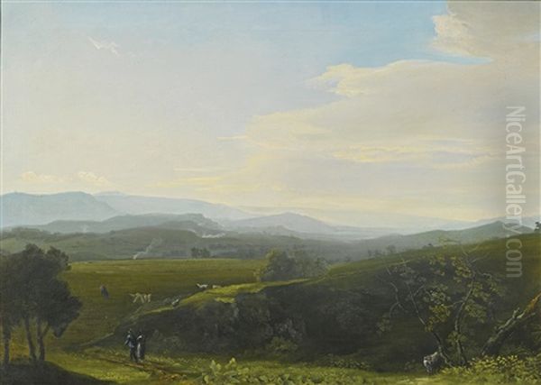 Panoramic Landscape With Figures And Sheep On A Path Oil Painting by Jean Joseph Xavier Bidault