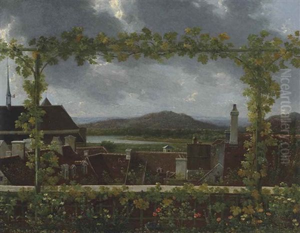 A Grapevine On A Flowering Trellis Framing A Town In An Extensive River Landscape, Possibly Near Lake Geneva Oil Painting by Jean Joseph Xavier Bidault