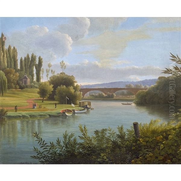 Sommerliche Flusspartie Mit Spaziergangern Und Brucke Oil Painting by Jean Joseph Xavier Bidault